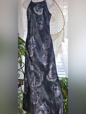 1990s Whimsigoth Satin Grey Rose Floral Halter Maxi Slip Dress XXS romantic goth